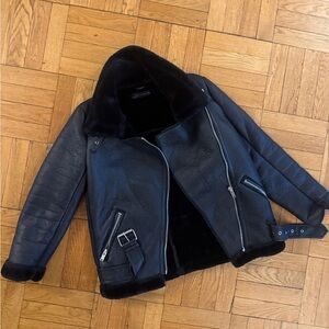 Black Leather Jacket with Fur Collar